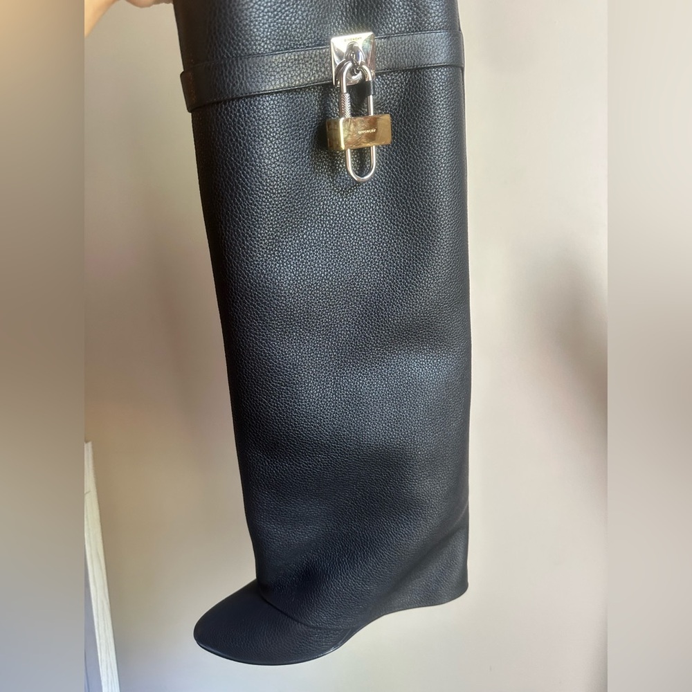 GIVENCHY - Black Leather Tall Boots with Gold Lock Detail